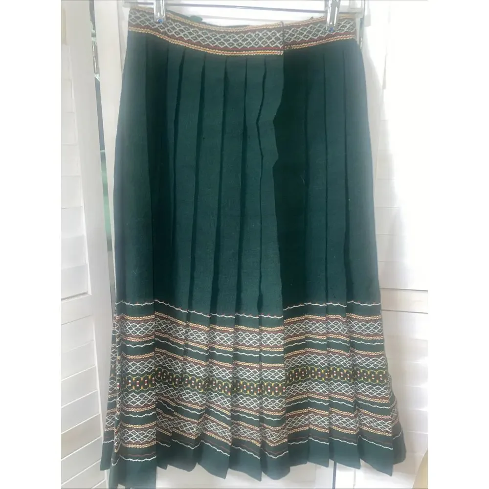 50s 100% Wool Midi Pleated Skirt Southwest Native American Theme Unlined Small